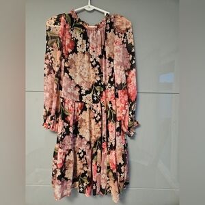 Floral Tiered Long-Sleeve Dress - Pink & Black